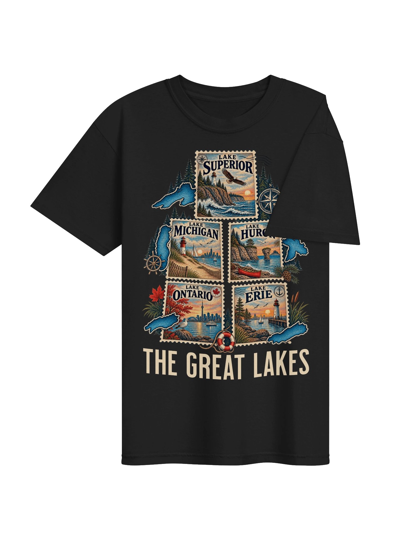 Great Lakes T-Shirt, Vintage Postage Stamps Great Lakes Shirt, Lake Ontario Superior Michigan Huron Erie tee , Lake Life Souvenir Gift product image (4)