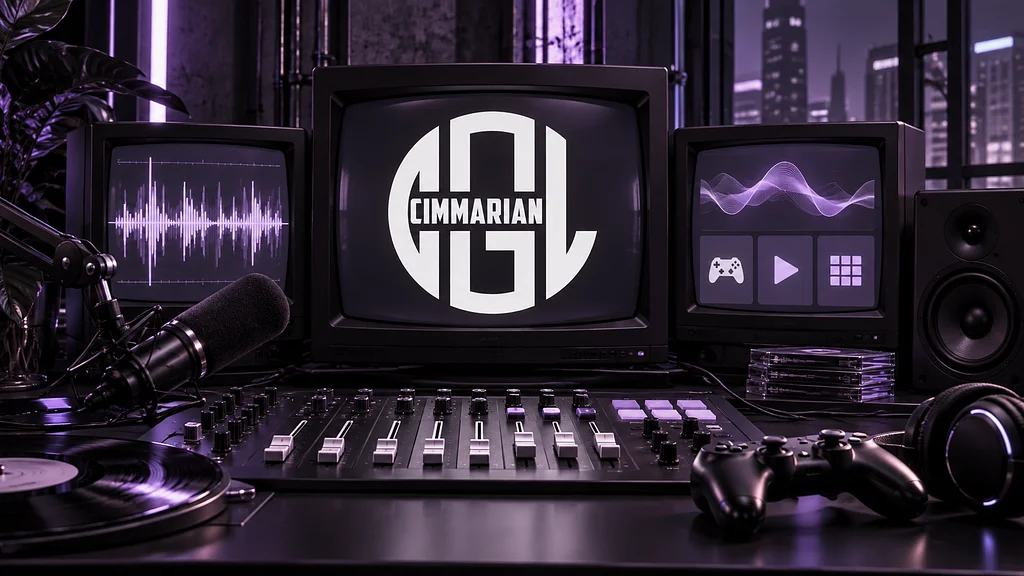 A Cimmarian broadcast desk with a microphone, game controller, and violet audio displays.