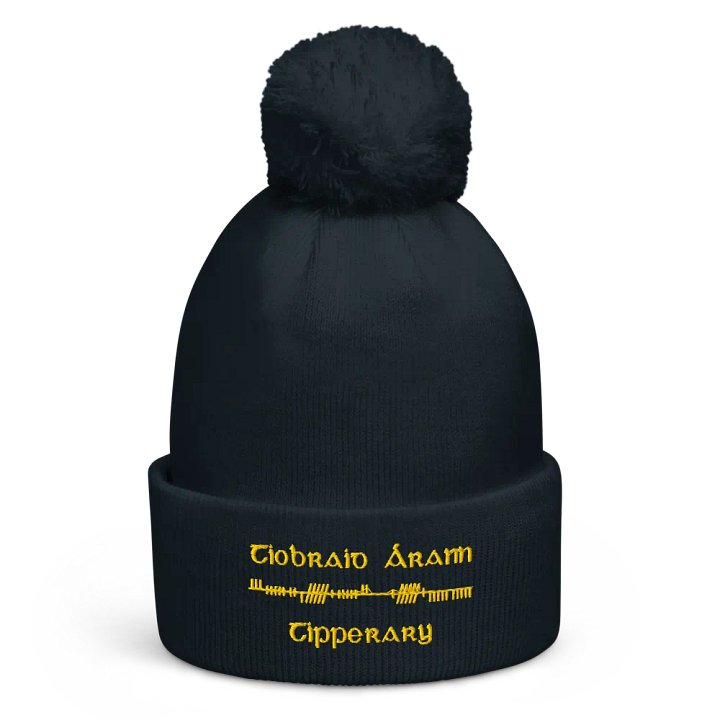Tipperary/Tiobraid Árann Orthodox style Ogham, navy with gold, embroidered Pom-Pom Beanie product image (1)