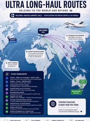 ✈️ BIG NEWS: Finnair is entering the ultra long-haul era! 🌍🔥 The Finnish flag carrier is expanding its global network with some of its longest flights ever — including a brand-new route to Melbourne, Australia 🇦🇺 Here are some of the most exciting new and upcoming long-haul destinations connected to Helsinki: 🌏 Melbourne 🇨🇦 Toronto 🇦🇺 Potential Sydney route 🌏 Expanded Asia connections 🇺🇸 Growing North America network With its modern Airbus A350 fleet, Finnair is positioning Helsinki as one of Europe’s most important northern hubs for ultra long-haul travel ✈️❄️ Could we soon see Finnair flying even further to destinations like South America or more cities in Australia? 👀 Would you fly Finnair long-haul? Which destination should they launch next? 🌎👇 #Finnair #A350 #Aviation #TravelNews #LongHaul 