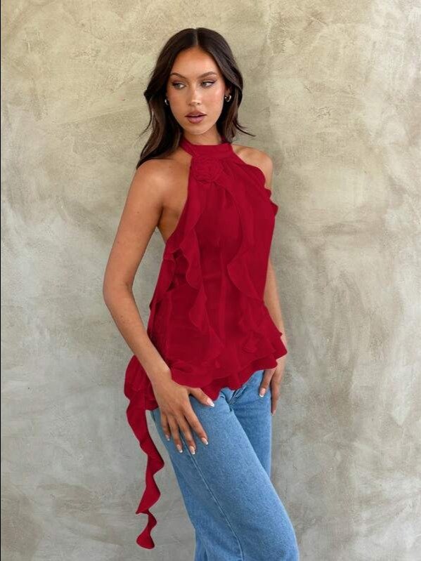 Red Halter Backless Ruffle Floral Applique Top | ADLEST product image (4)