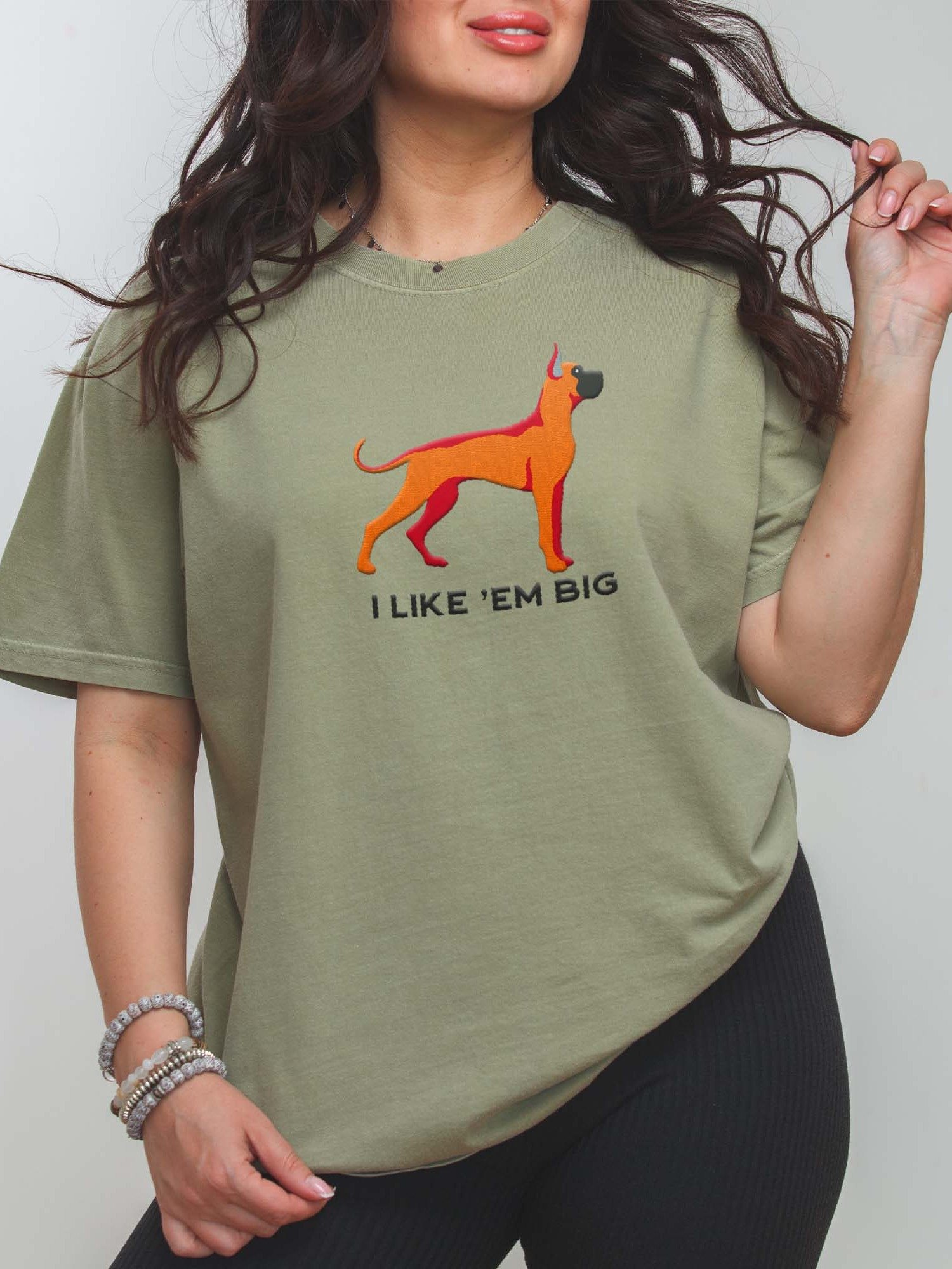 I Like 'Em Big T-Shirt(Embroidered) of a Great Dane(Tan, Black Mask & Cropped Ears) product image (2)