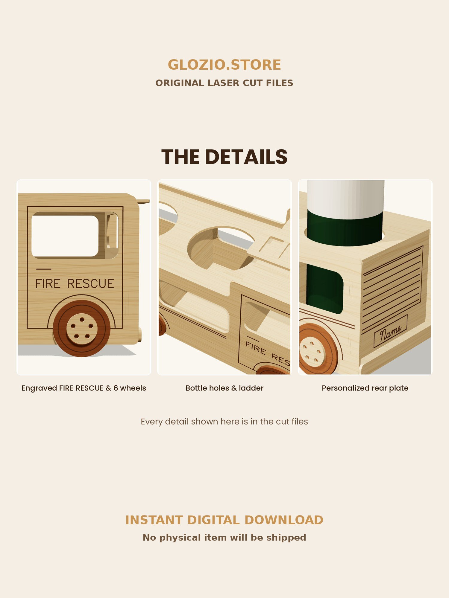Fire Truck Wine Bottle Holder – Laser Cut File SVG DXF PDF (3 mm & 4 mm) product image (6)