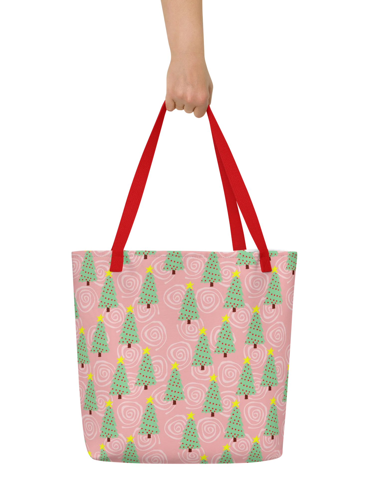 Green Christmas Trees on Christmas Pink with Swirls – Large Tote Bag product image (6)