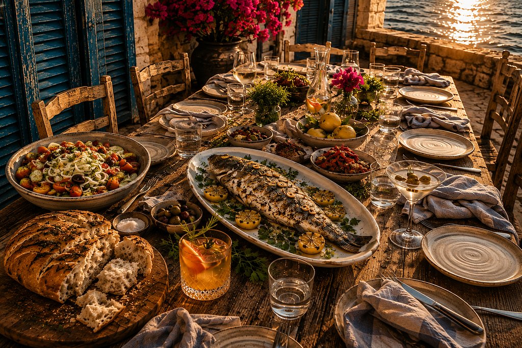 Rustic coastal dinner table at sunset with grilled fish, salad, bread, olives, cocktails, wine, flowers, and ocean views.