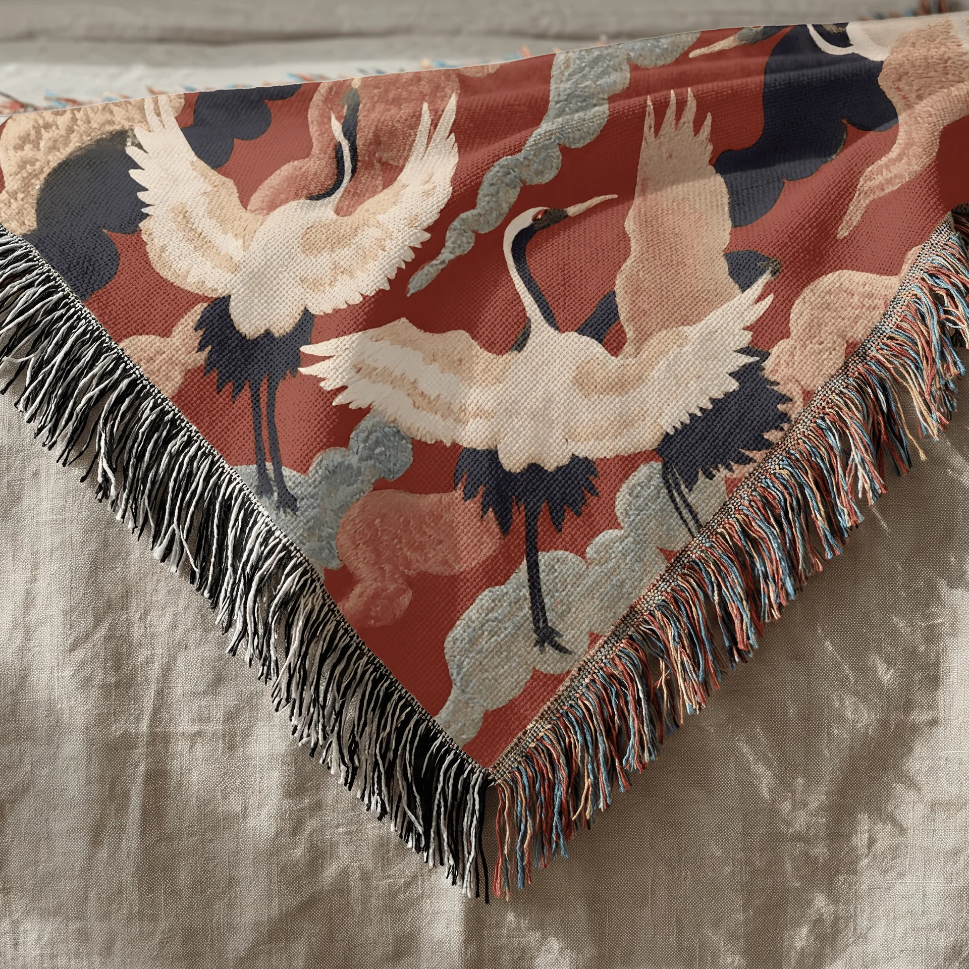 Japanese Crane Woven Blanket | Red Cotton Throw Tapestry with Fringe | 3 Sizes product image (4)