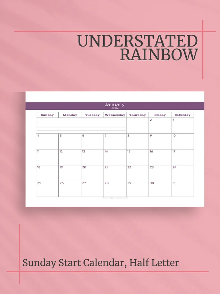 Understated Rainbow 2026 Calendar - Single Page per Month, Sunday Start, Half Letter Size product image (1)
