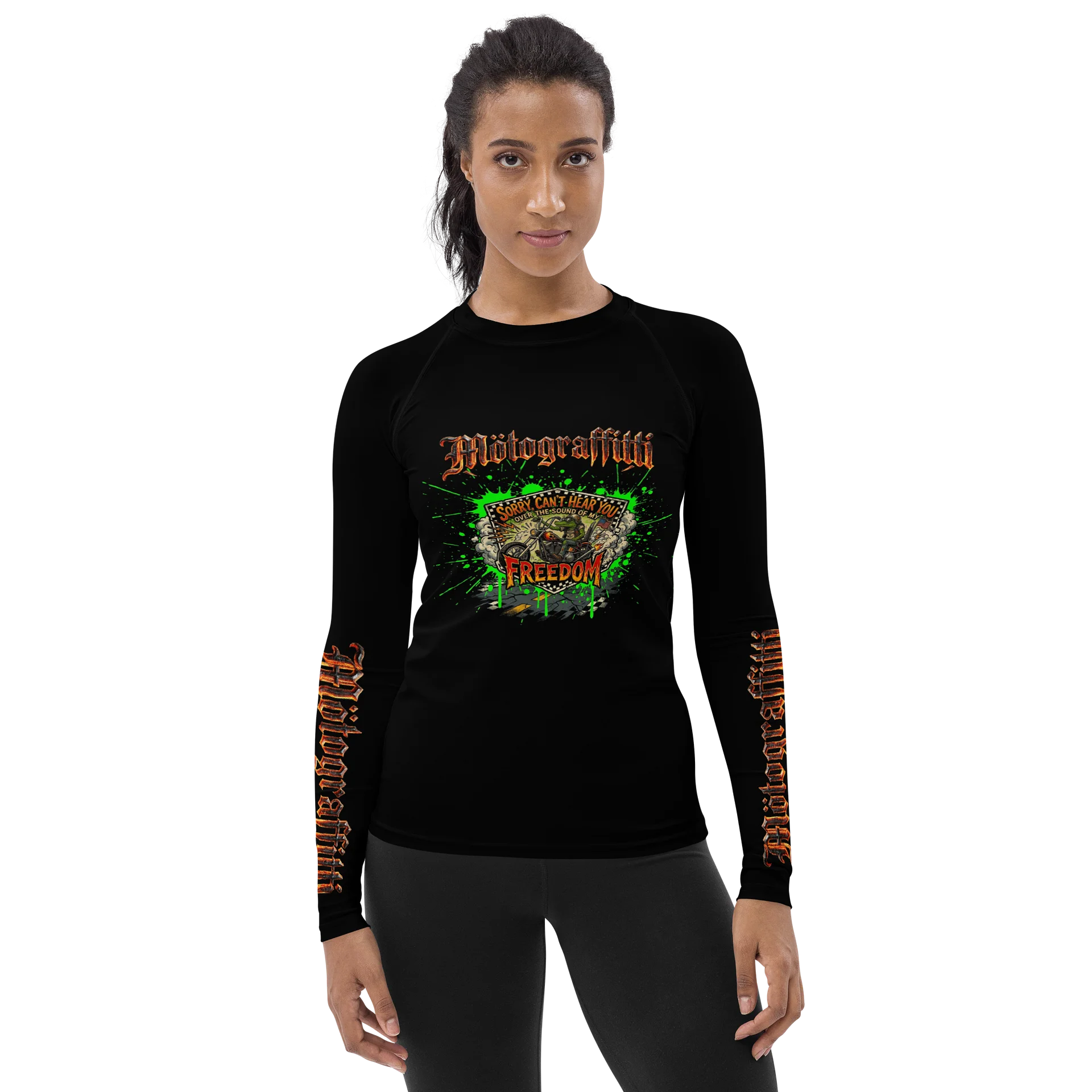Women's MötoGraffitti "Can't Hear You Over My Freedom" Long Sleeve "Rash Guard"Tee Safety Orange product image (1)
