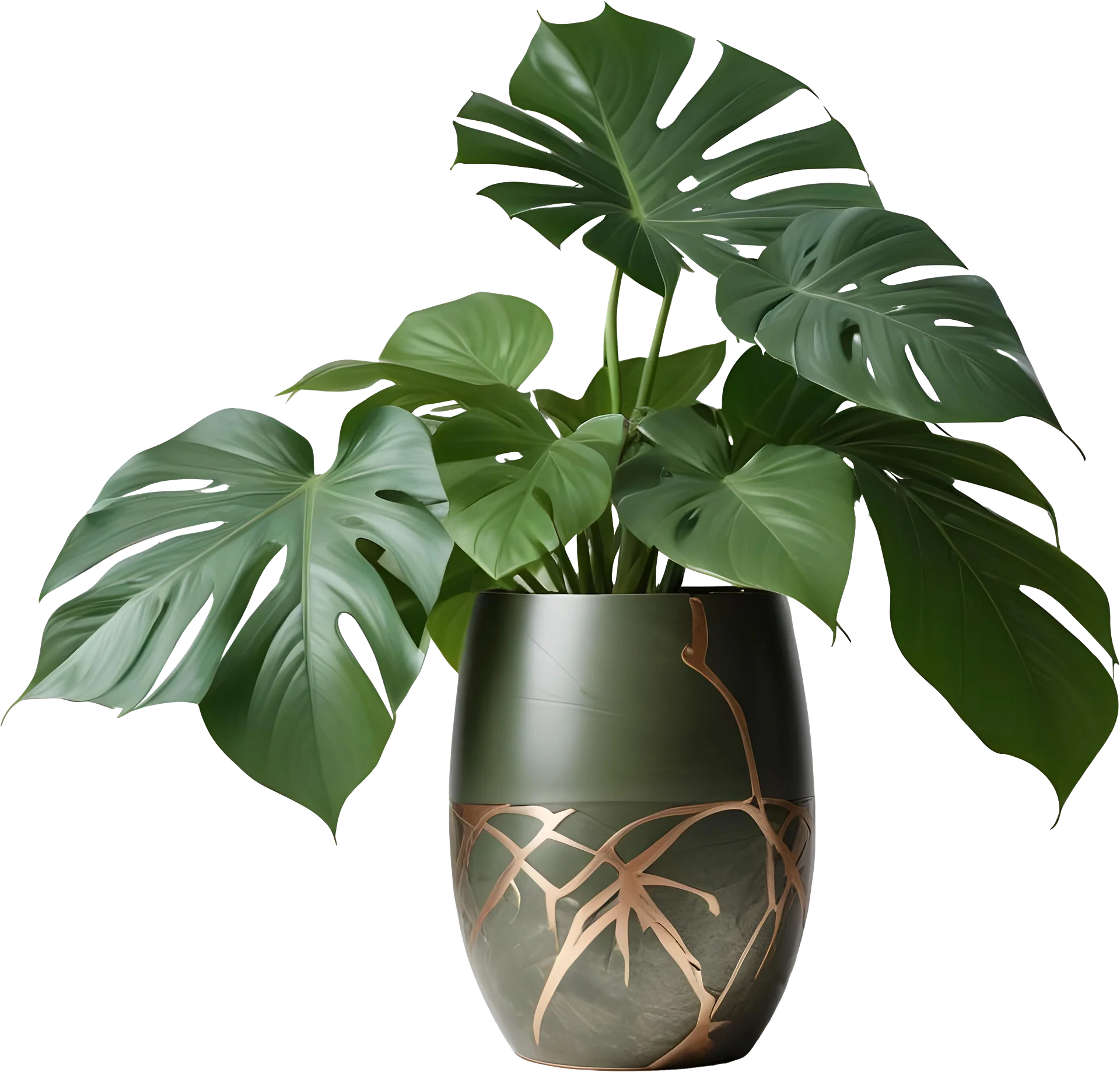Zen Monstera – Elegant Green Kintsugi Vase with Monstera Leaves PNG product image (1)