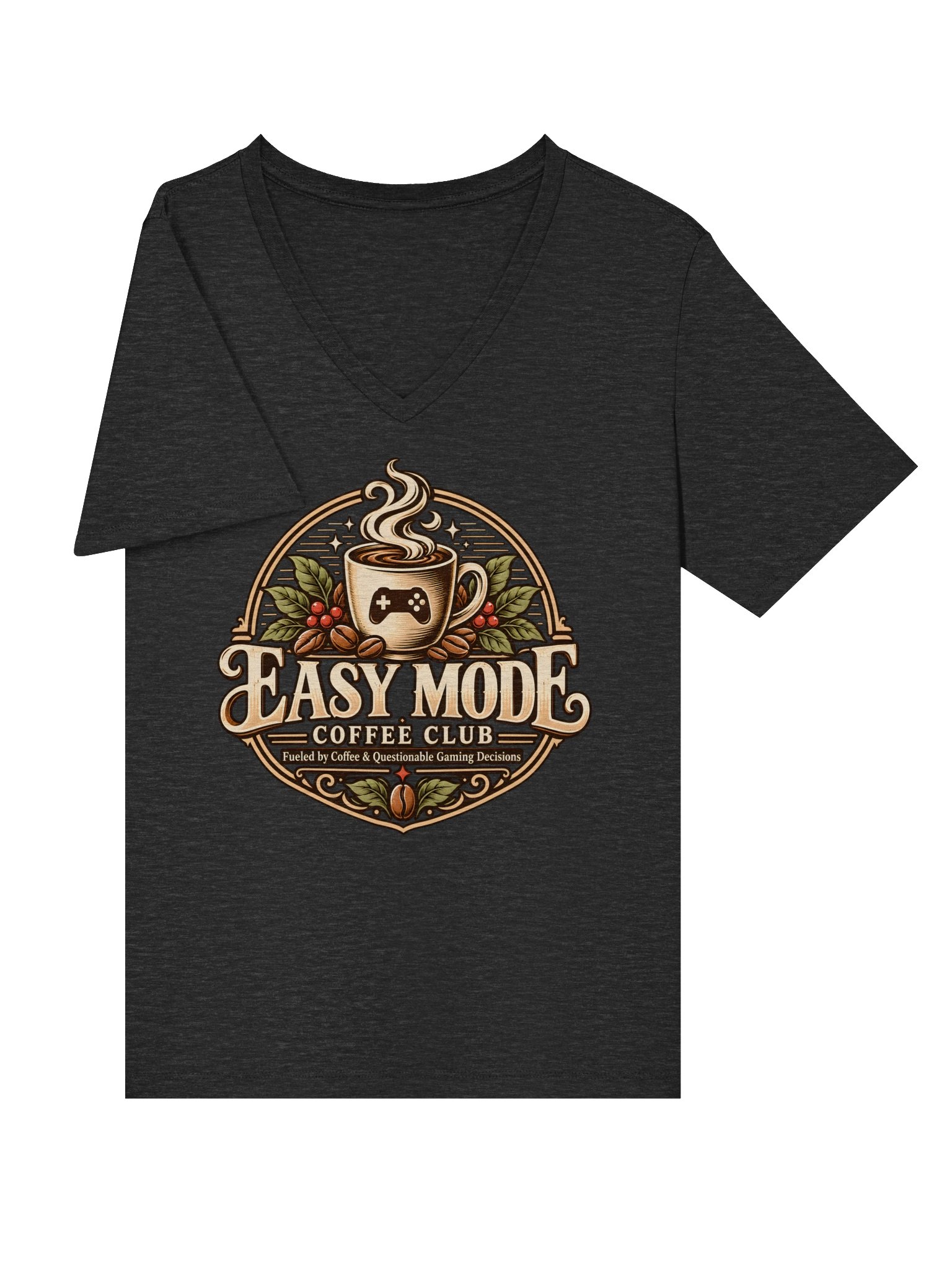 Easy Mode Coffee Club Women’s Relaxed V-Neck Tee – Dark Gray Heather product image (6)