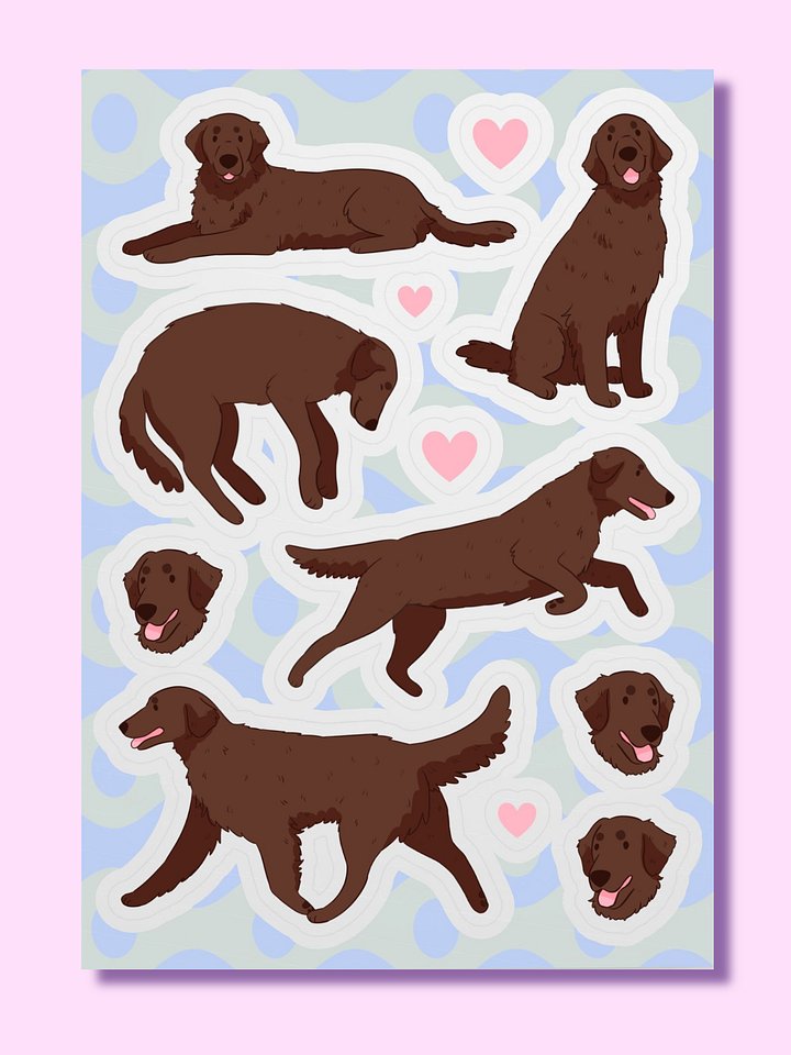 Whimsical Chocolate Flat Coated Retriever Dog Delight Sticker Sheet product image (1)