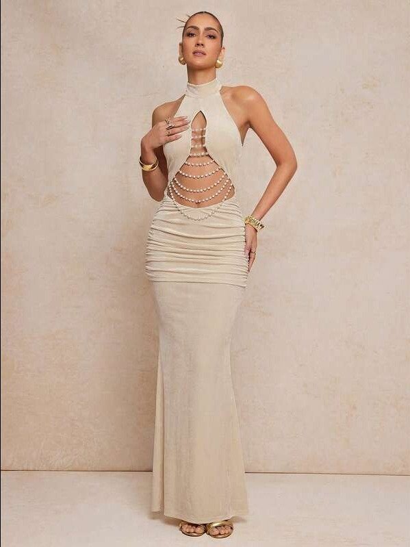 Women's Solid Color Halter Backless Front Hollow Pearl Chain Design Maxi Party Dress Zig Zag Dress,With Pearl Chain Embellishments Paired With A Ruched, Mermaid Hem Long Skirt Cream Dress product image (1)