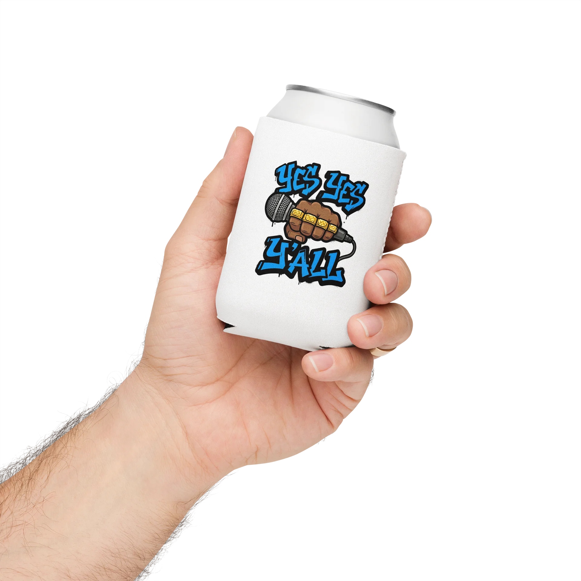 Yes Yes Y’all Hip Hop Can Cooler – White with Microphone Graffiti Graphic product image (3)