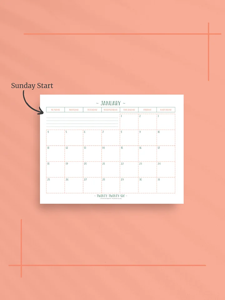 Peachy Green 2026 Calendar - Single Page per Month, Sunday Start, Letter Size product image (2)