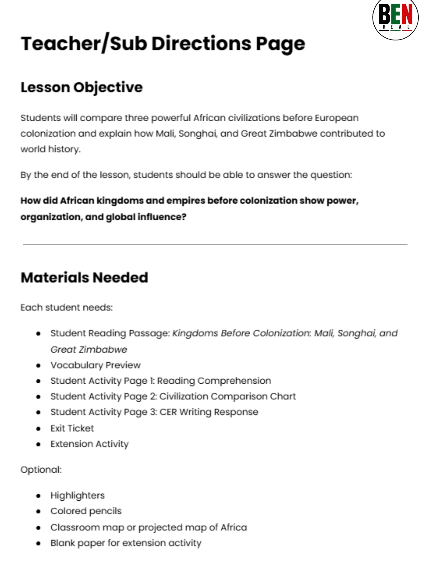 Black History 365 Sub Plan: Kingdoms Before Colonization: Mali, Songhai, and Great Zimbabwe Social Studies| Middle School | 60-Minute Lesson product image (4)
