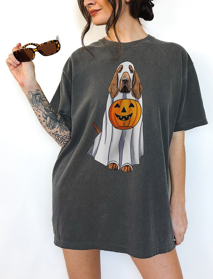 Bloodhound Halloween Tee | Funny Fall & Halloween Bloodhound Wearing a Ghost Costume with Pumpkin Basket product image (2)