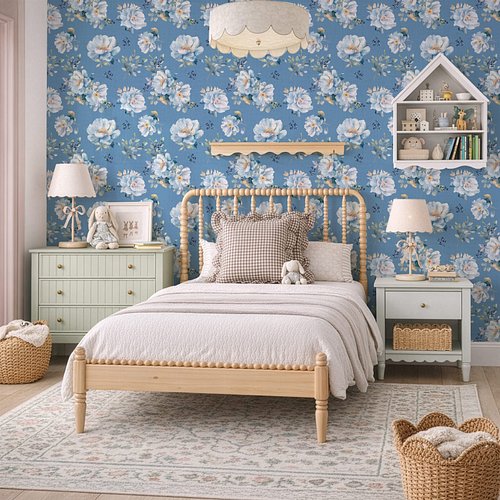 Dusty blue floral wallpaper for home office accent walls and creative workspaces. 💙 Soft blue flowers, sage leaves, and navy ...