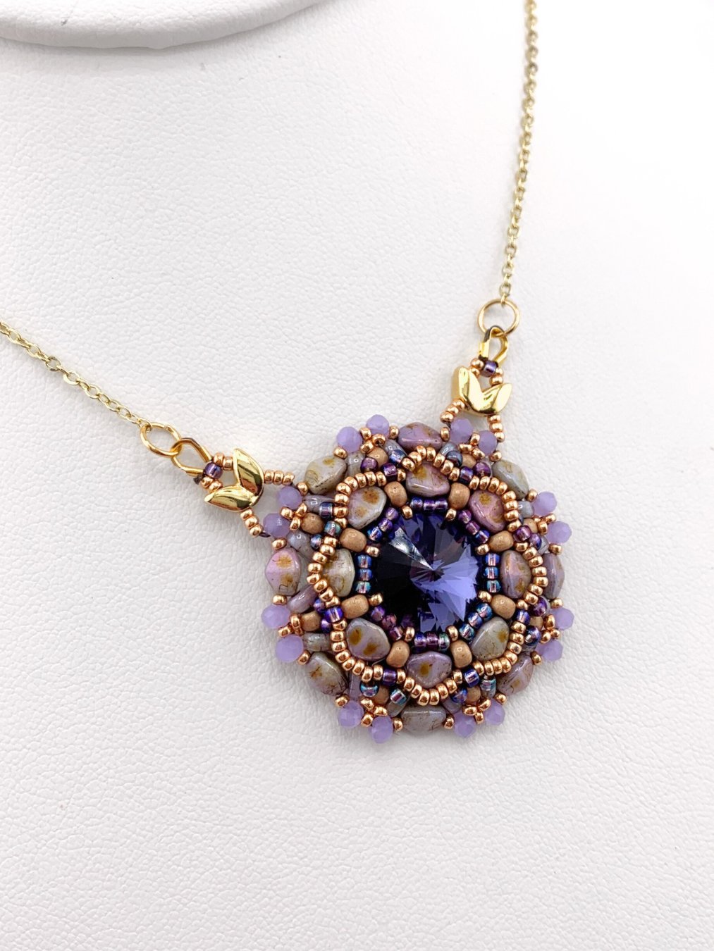 Twilight Bloom Beaded Crystal Pendant Necklace - Purple, Gold product image (4)