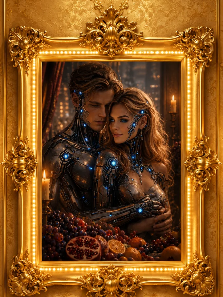 Cyberpunk Cyborg Couple Romantic Poster | Sci-Fi Neon Wall Art | Futuristic Decor product image (1)