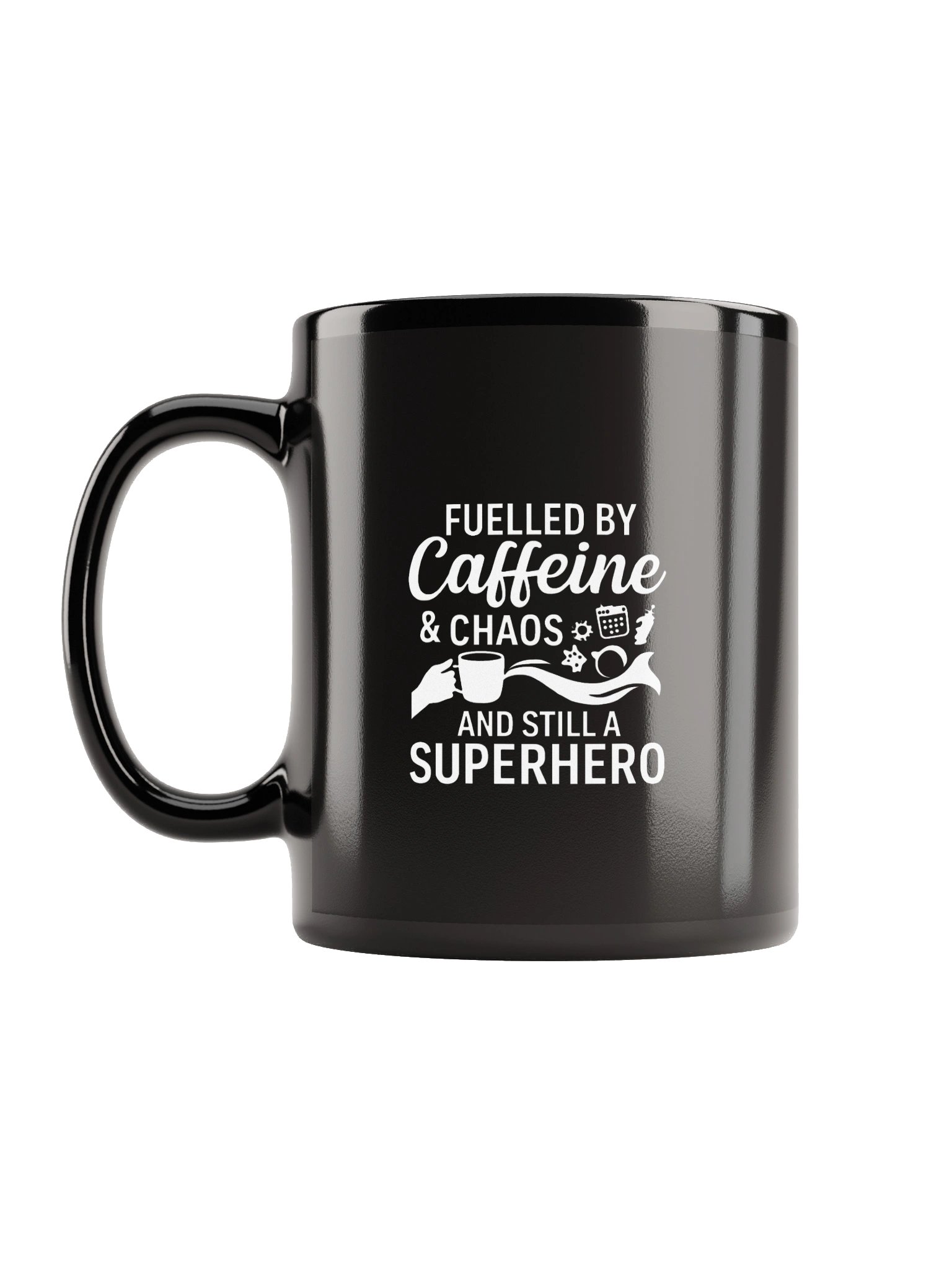 Fueled by Caffeine & Chaos — Black Superhero Mug product image (1)