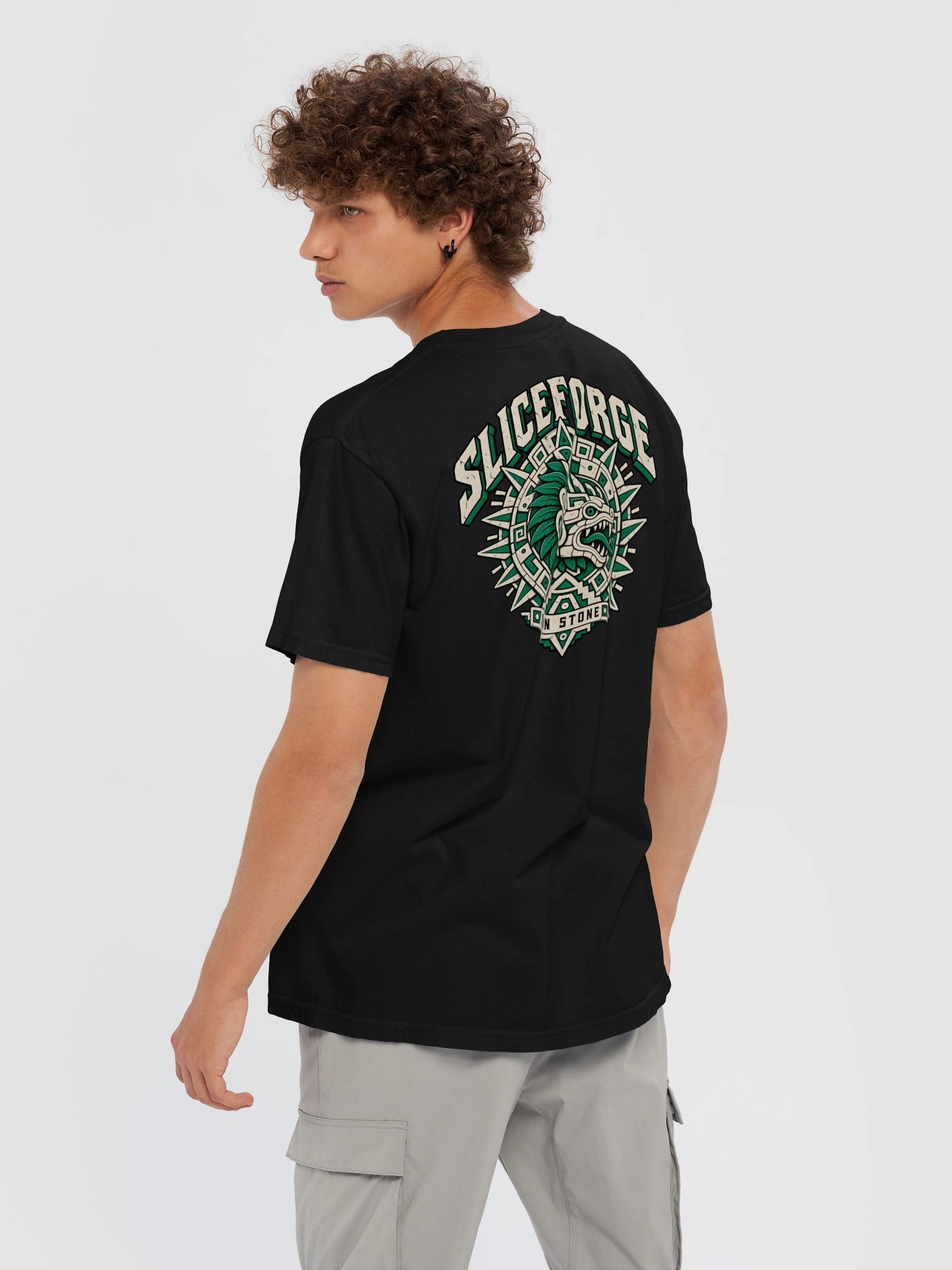 Model wearing the Sun Stone tee, showing the full back print