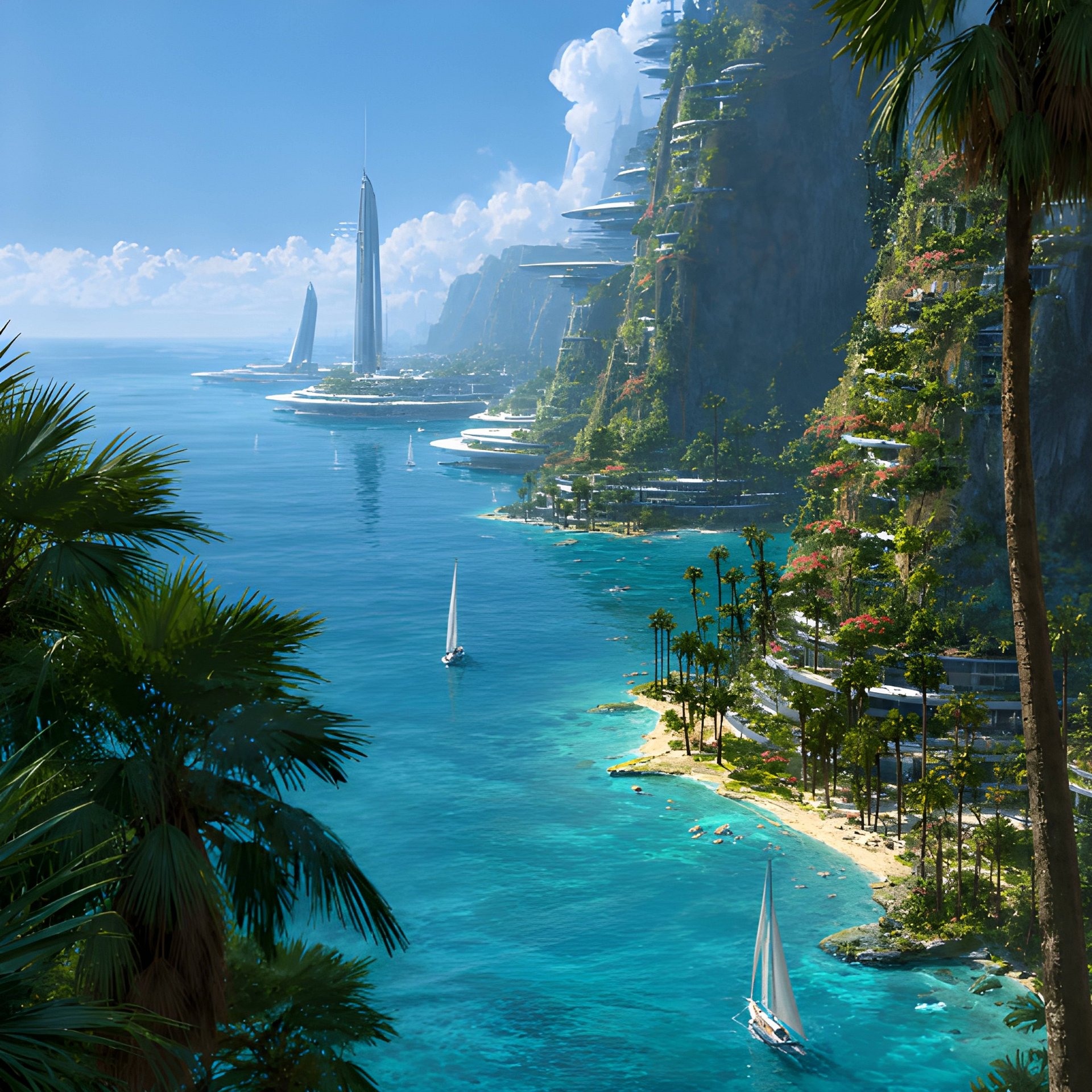 Futuristic Tropical City Poster, Luxury Coastal Sci-Fi Art, Neon Paradise Wall Decor product image (2)