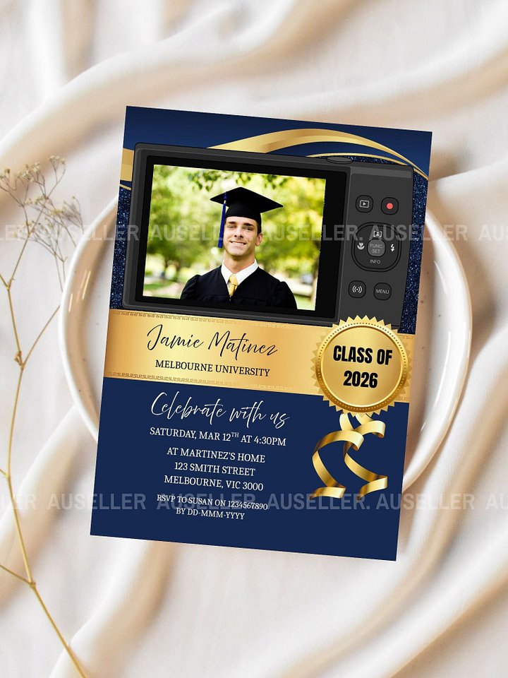 Blue Gold Modern Graduation Photo Invitation 2026 Editable Canva Template product image (2)