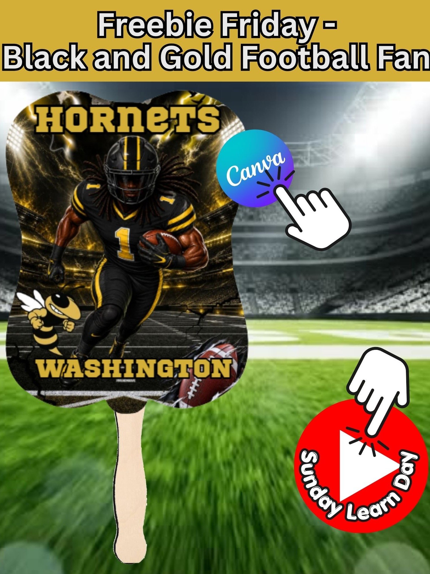 Members Only! Freebie Friday - Black & Gold Adjustable Football Fan Template - Editable in Canva product image (1)