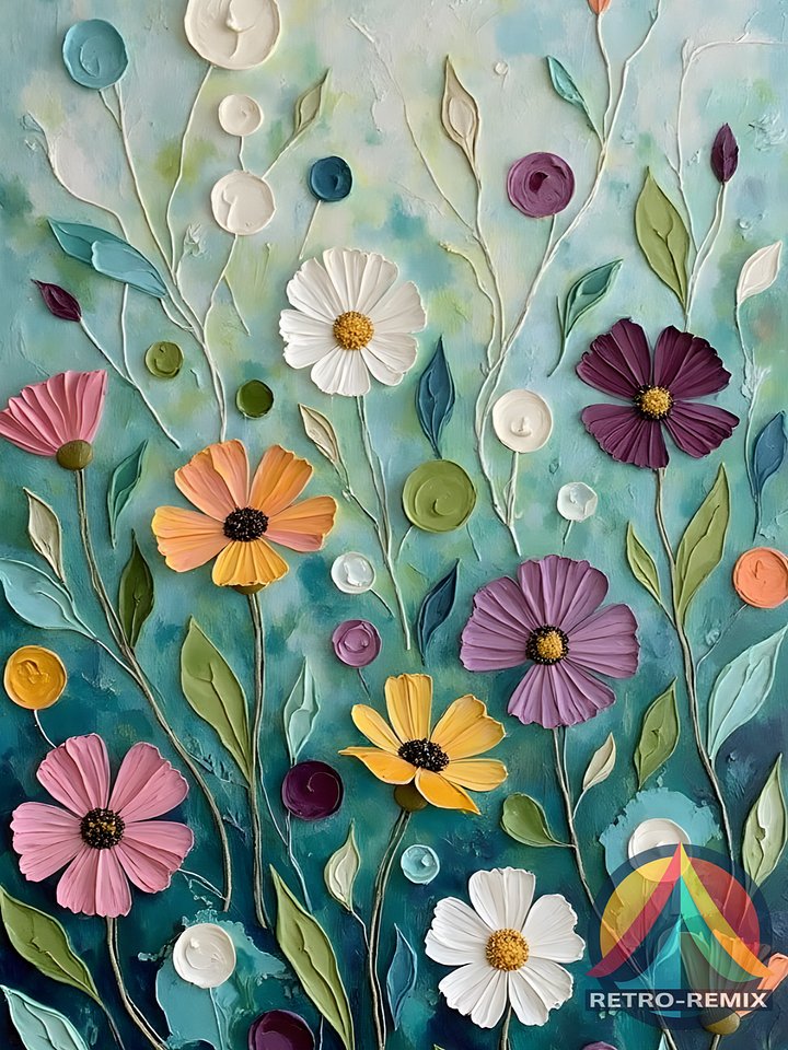Whimsy in Bloom – Retro Floral Wall Art with Textured Wildflowers on Aqua Teal product image (1)