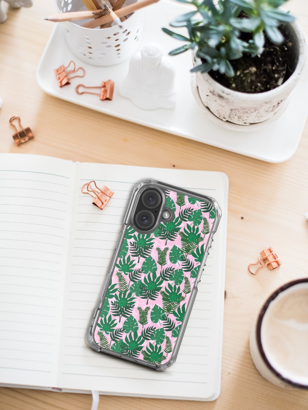 Jungle Leaves Pattern- Pink Background Phone Case product image (1)