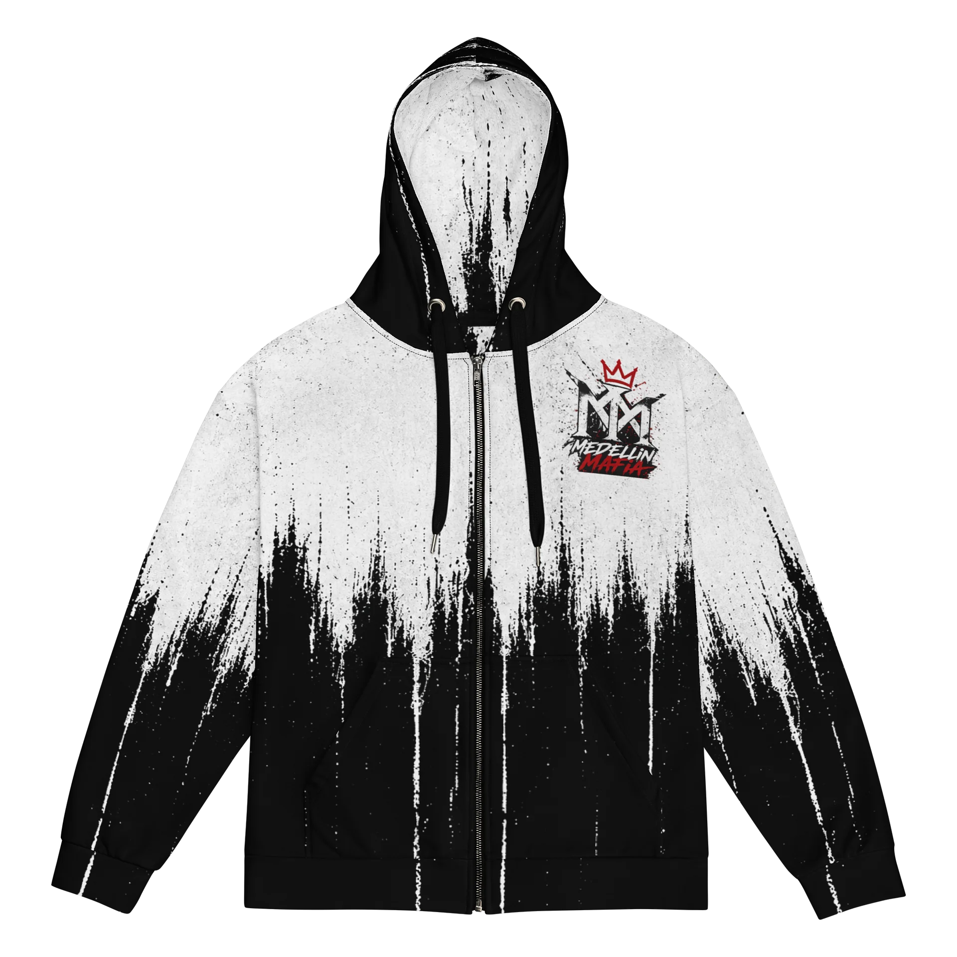 Medellin Mafia Design Black & White Drip Zip Hoodie product image (1)