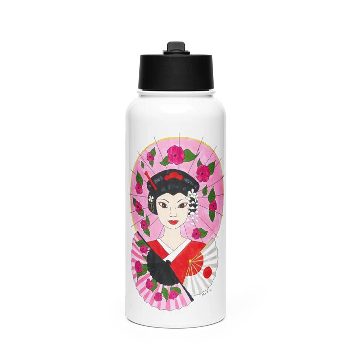 Japanese Geisha (art by Dina R.) acrylic painting picture - Stainless Steel Water Bottle with a Straw Lid product image (1)
