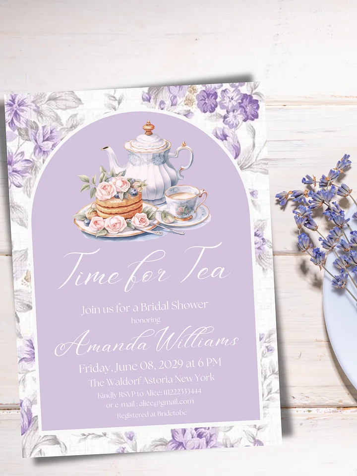 Tea Party Bridal Shower Canva Template Invite, Floral Purple Theme Printable Time for Tea Lavender Brunch Invitation | Digital Prints product image (1)