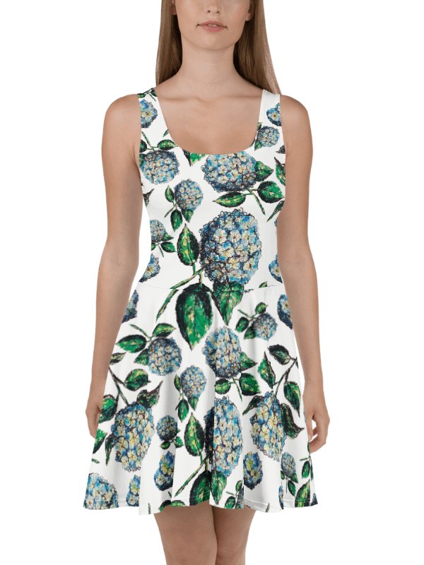 Blue Hydrangea Blooms Skater Dress | Watercolor Floral Fit & Flare Dress | Monique Faella Designs™ product image (1)