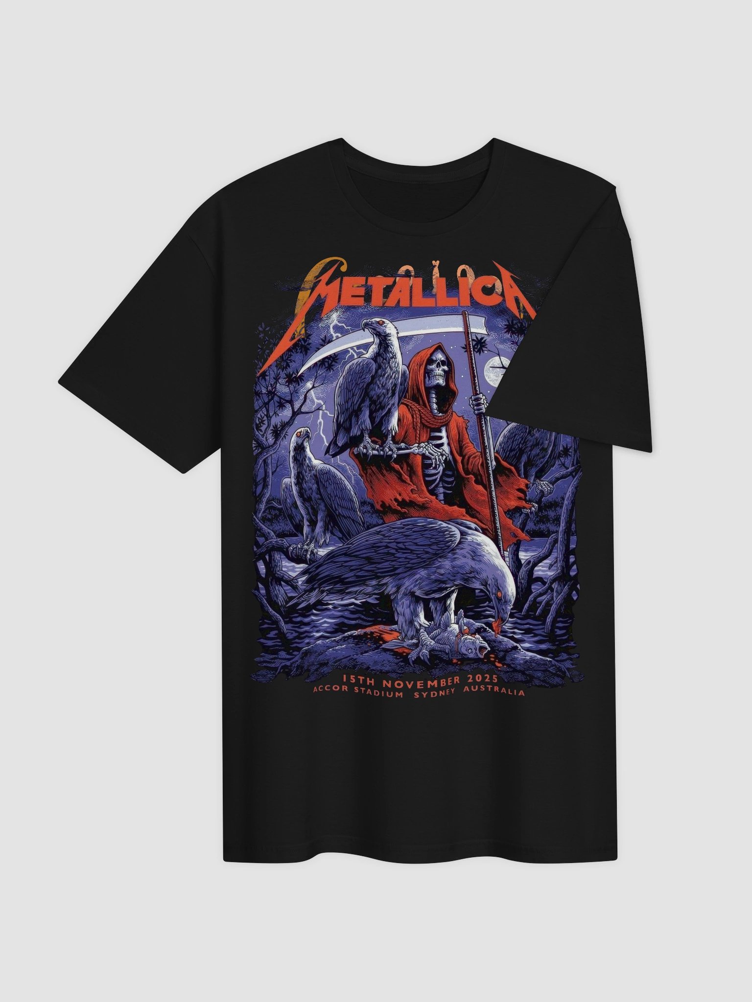 Metallica T-Shirt Grim Reaper Scythe | M72 World Tour Sydney 2025 Dark Art Graphic Tee | Heavy Metal Skull Vulture Concert Shirt product image (4)