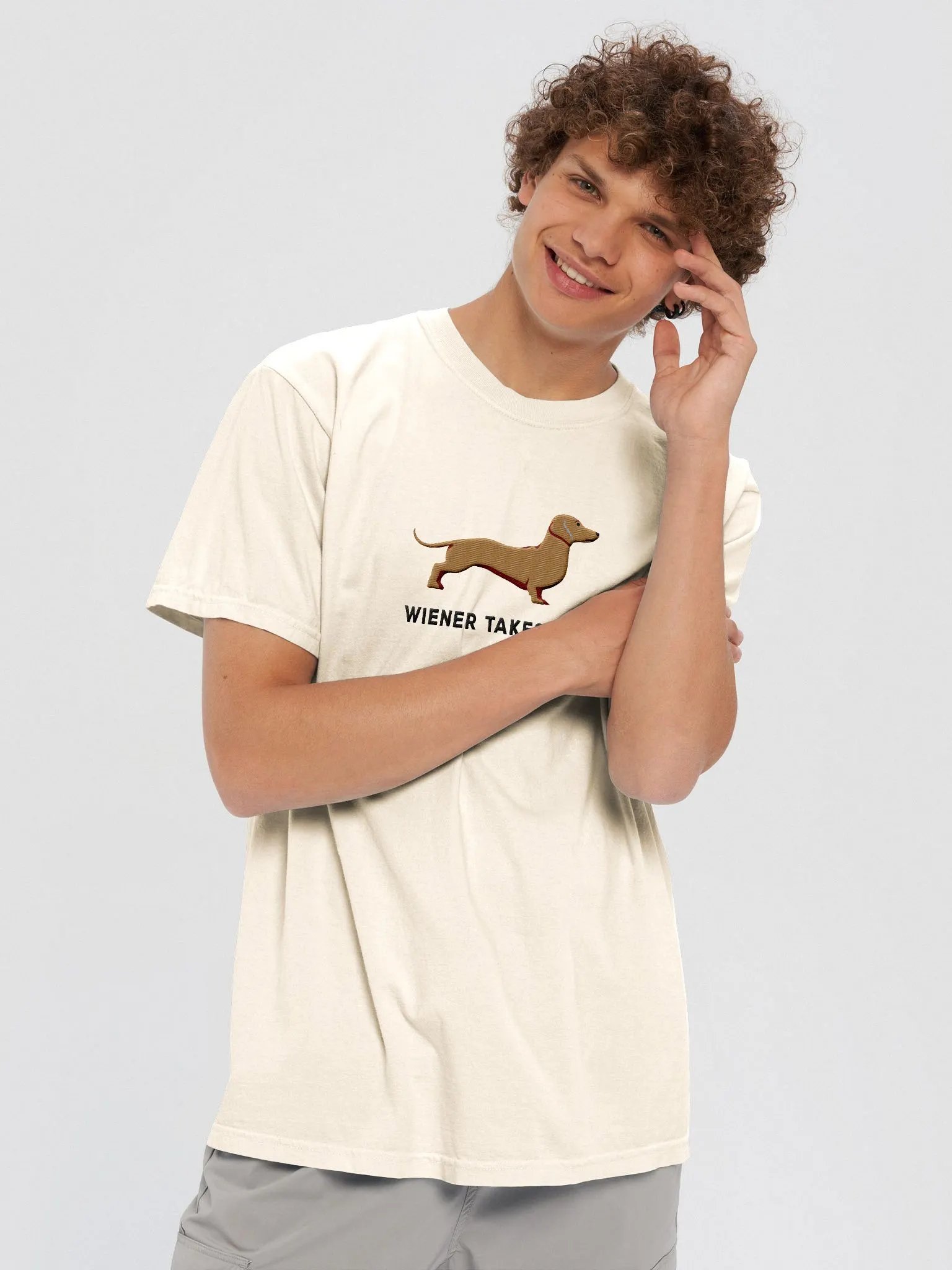 Wiener Takes All T-Shirt(Embroidered) of a Dachshund(Tan) product image (5)