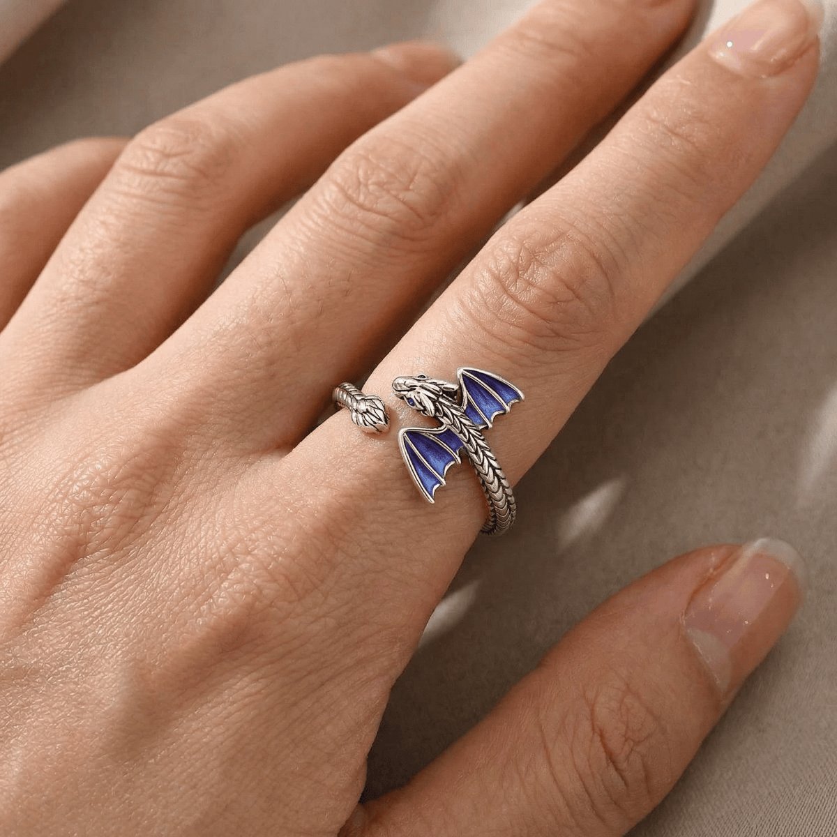 925 Sterling Silver Dragon Ring with Blue Enamel Wings - Adjustable Open Wrap Ring product image (7)