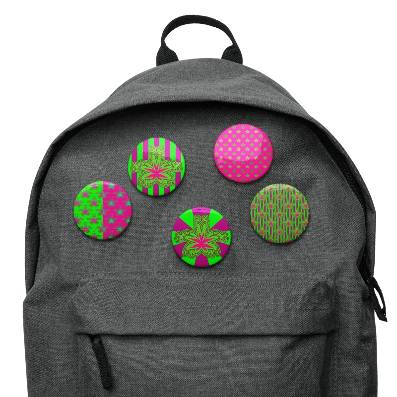 Neon Green Hot Pink Pot Leaf Pins, Stoner Circus Cannabis Art Pin Button Set product image (5)