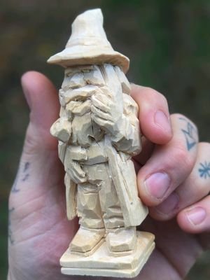 hand carved wizard about 4 inches tall out of a 1.5 x 1.5 inch block of basswood. #woodcarving #whittling #wizard #dndart #dungeonsanddragons 