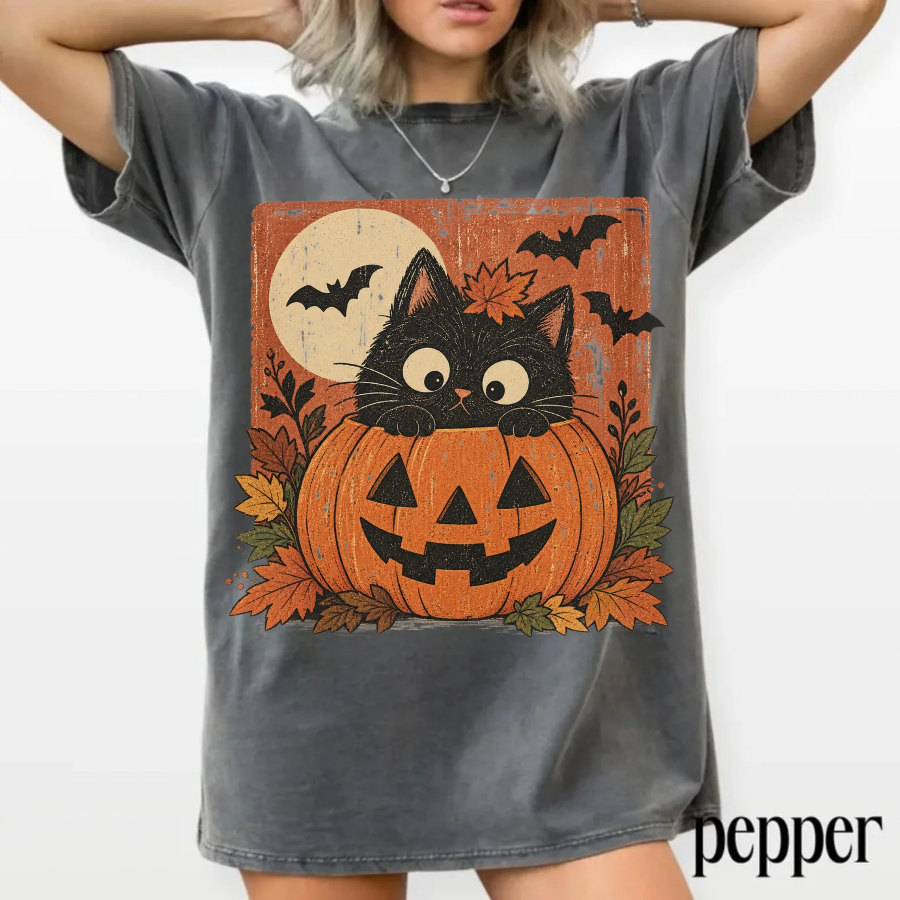 Vintage Halloween Black Cat T-Shirt, Pumpkin Graphic Tee, Retro Spooky Cat Shirt, Fall Halloween Shirt product image (5)