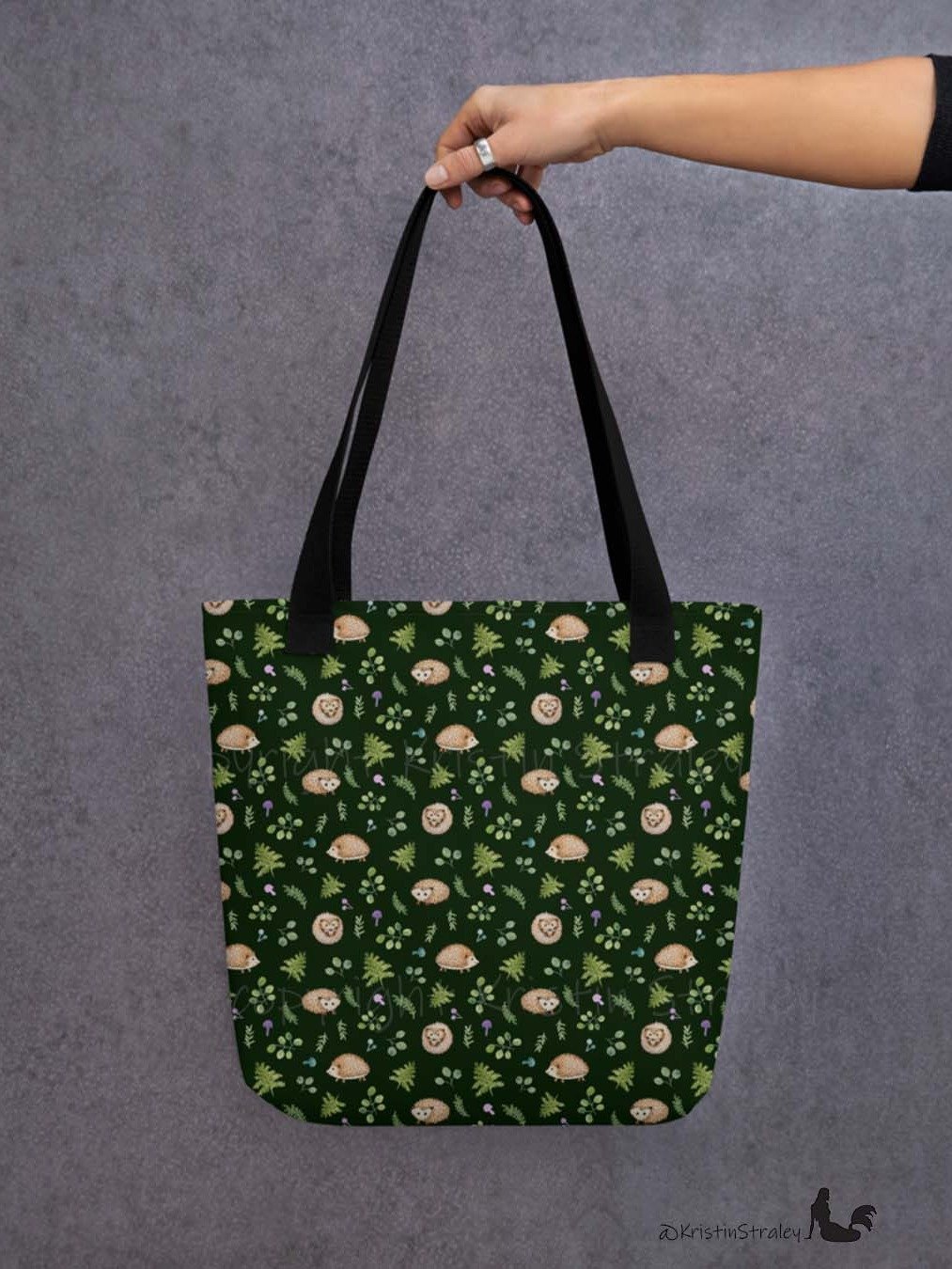 Hedgehogs with Ferns and Mushrooms on Dark Green Tote Bag product image (6)