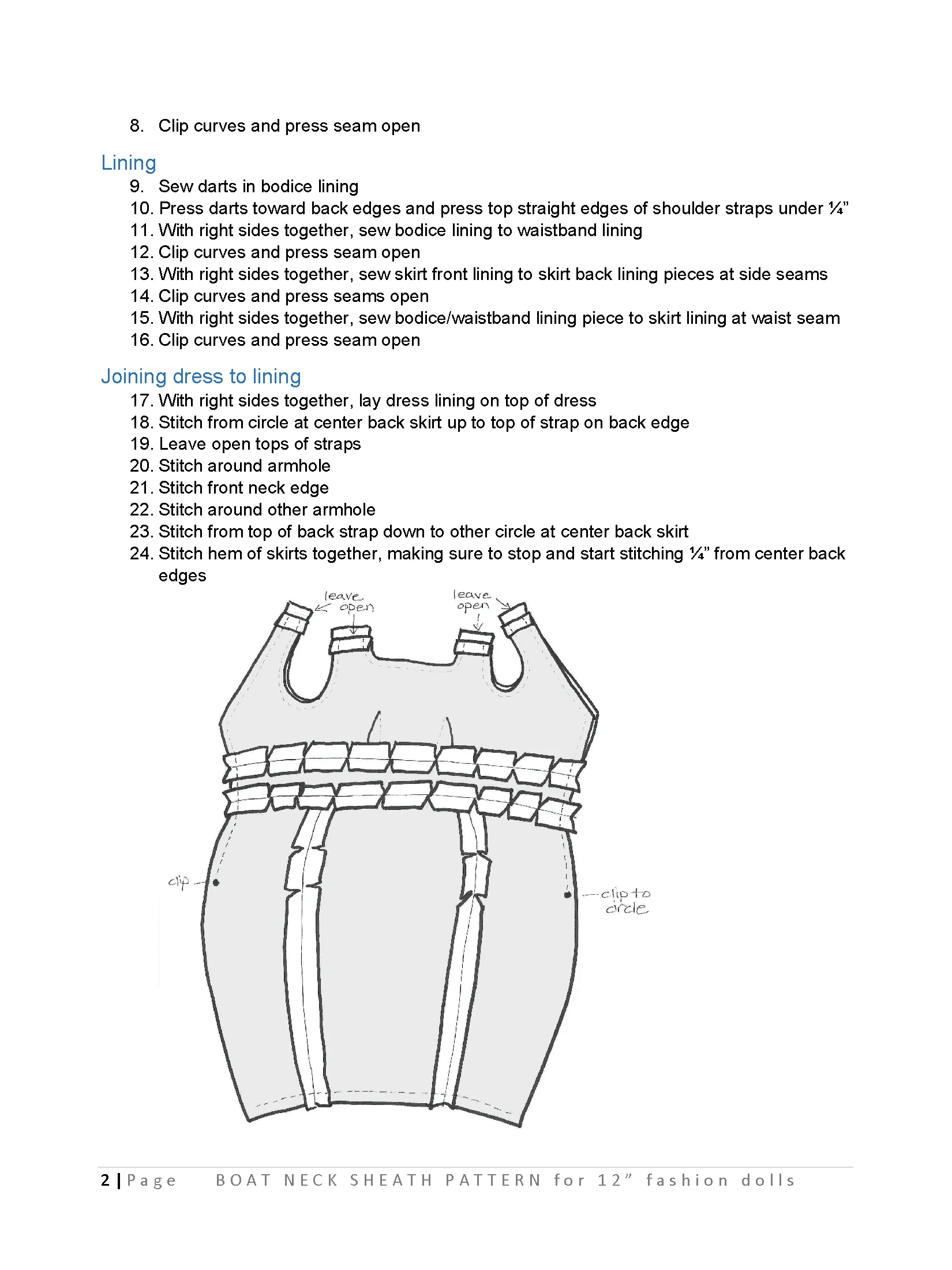 Boat Neck Sheath sewing pattern for 12" fashion dolls product image (3)