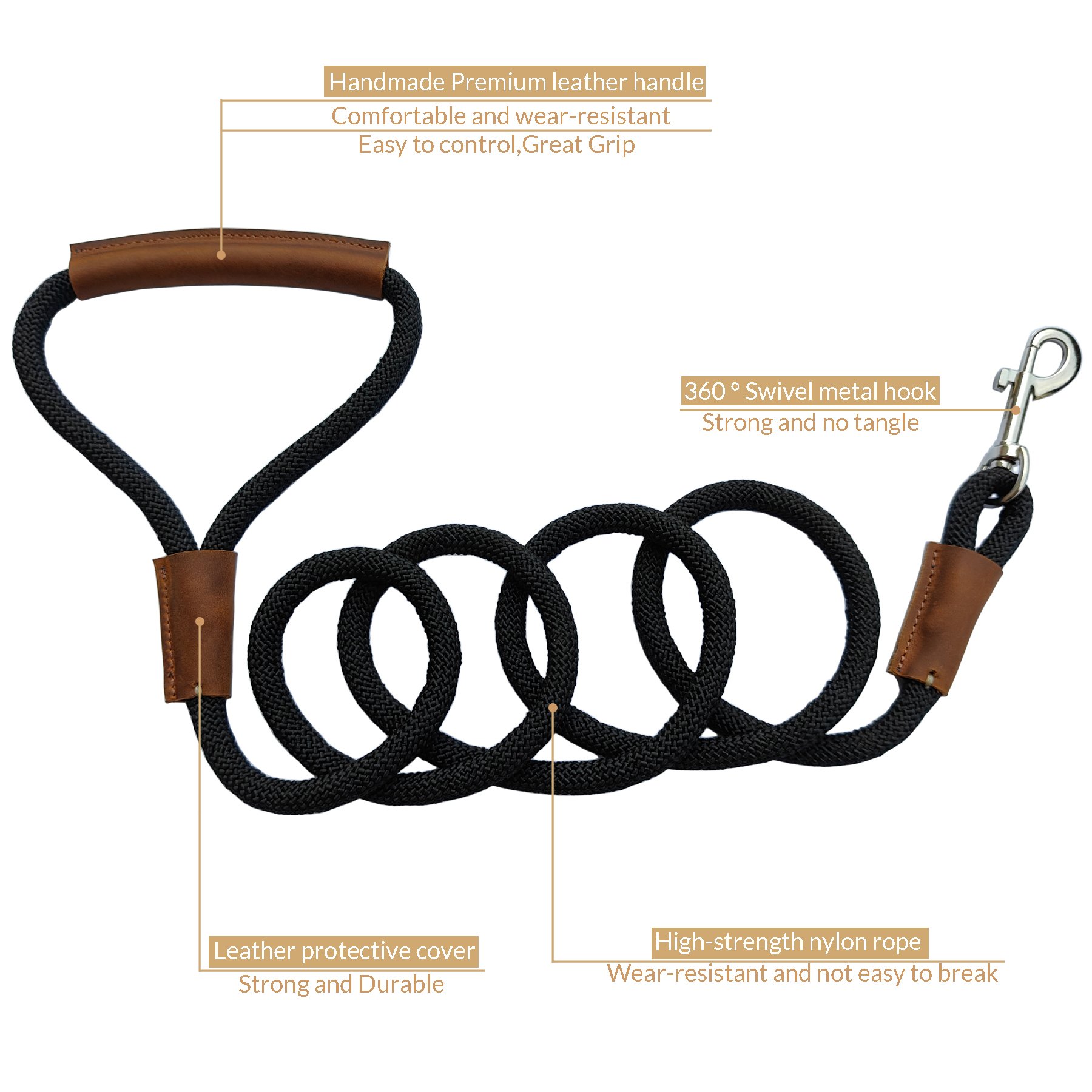 MEEBOY handmade Heavy Duty Nylon Rope Dog Leashes with With comfortable and durable leather handles, dog leash using strong Nylon rope for Small Medium and Large Dogs product image (3)