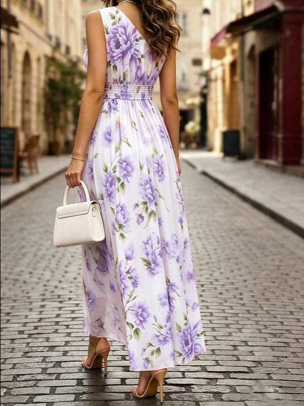 Shop the EMERY ROSE Pink Asymmetrical Peony Print Chiffon Long Dress at ADLEST. Perfect elegant vacation and summer outfit for weddings, parties, and daily wear. product image (4)