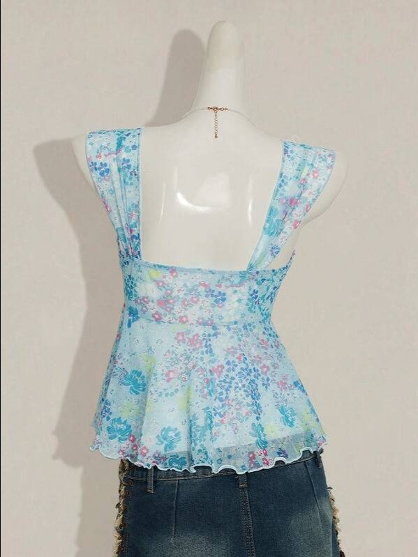 Ditsy Floral Asymmetrical Ruched Knot Cami Top | Women's Boho Wide Strap Mesh Blouse for Summer Vacation & Fall Outfits | ADLEST product image (4)