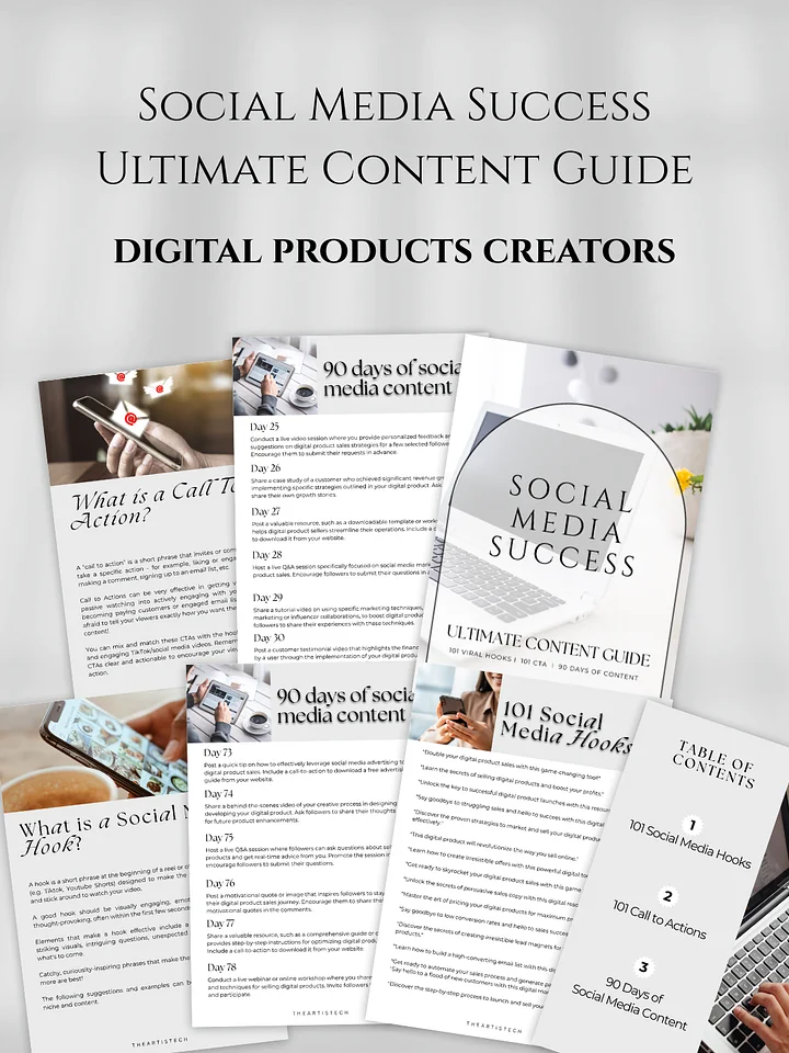 Social Media Success Ultimate Content Guide – 101 Hooks, 101 CTAs, 90 Days of Content | PLR product image (2)