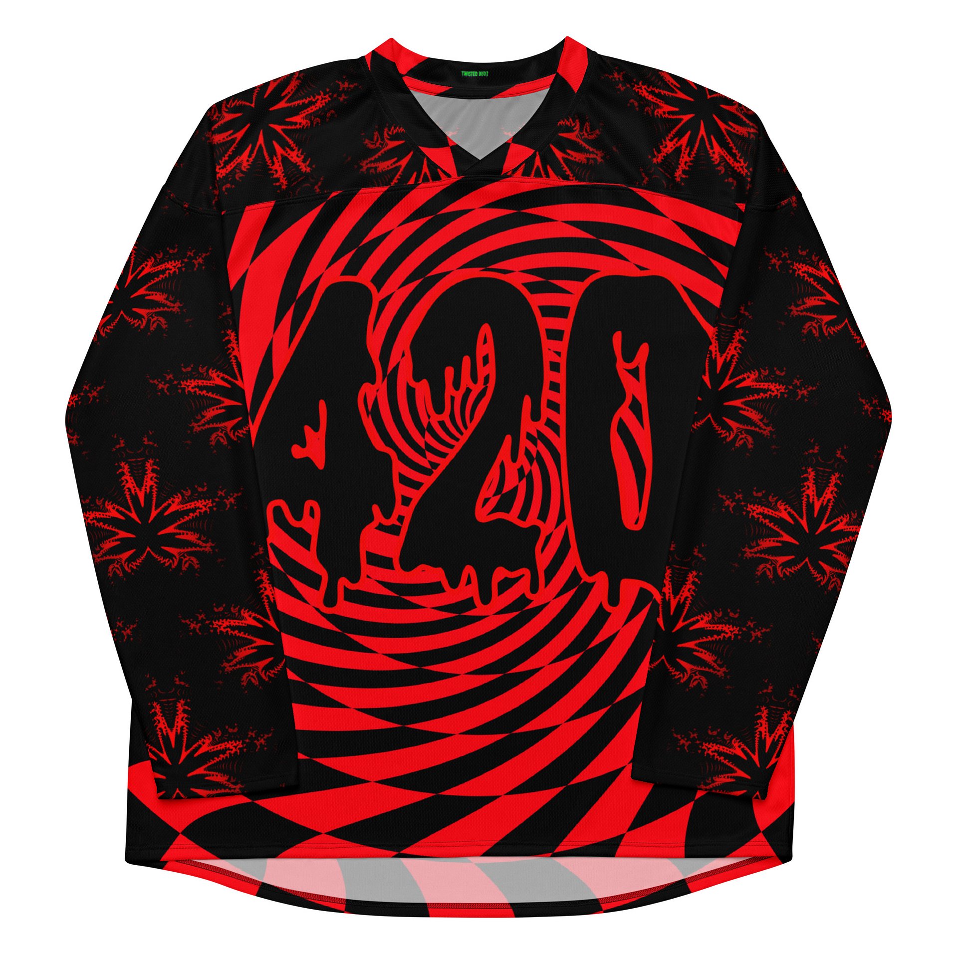 420 EDM Hockey Jersey, Black Red Cannabis Rave Shirt, Stoner Festival Fashion, Psychedelic Pot Leaf Clothes, Trippy Checkers Swirl Weed Top product image (7)