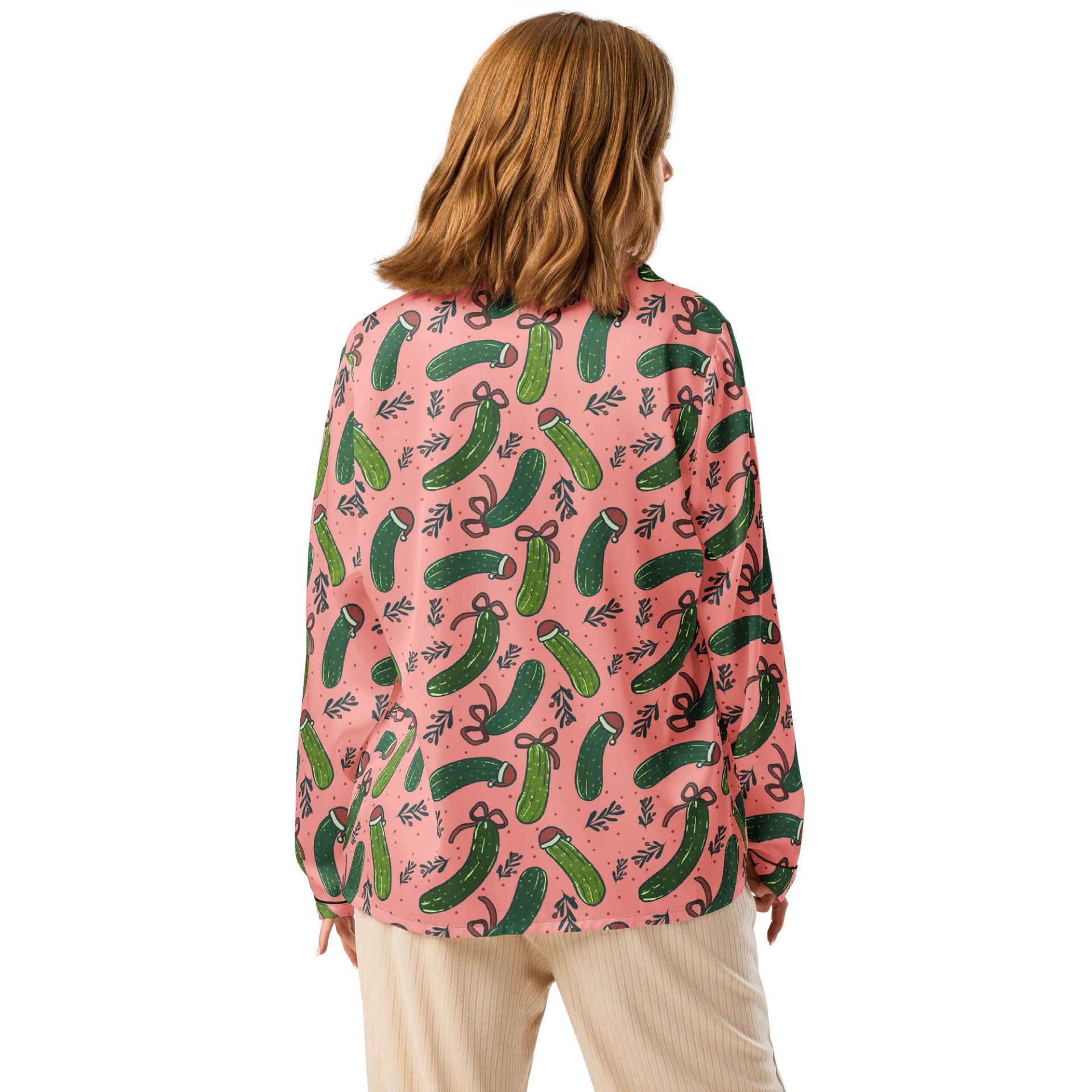 Funny Christmas Pickles Pattern Pyjama Shirt, Pink product image (3)