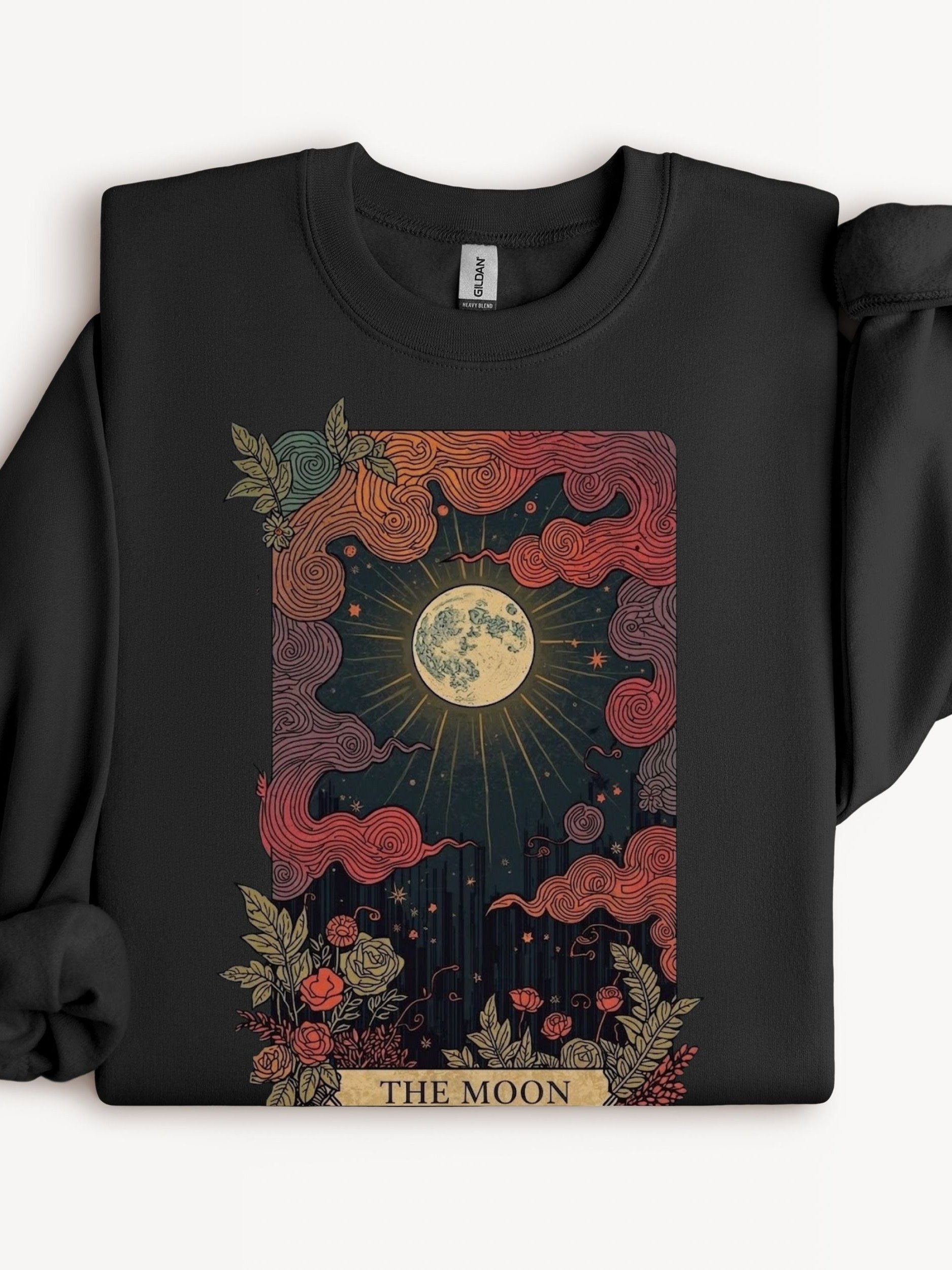 The Moon Tarot Crewneck Sweatshirt, Mystical Lunar Graphic with Swirly Clouds product image (2)