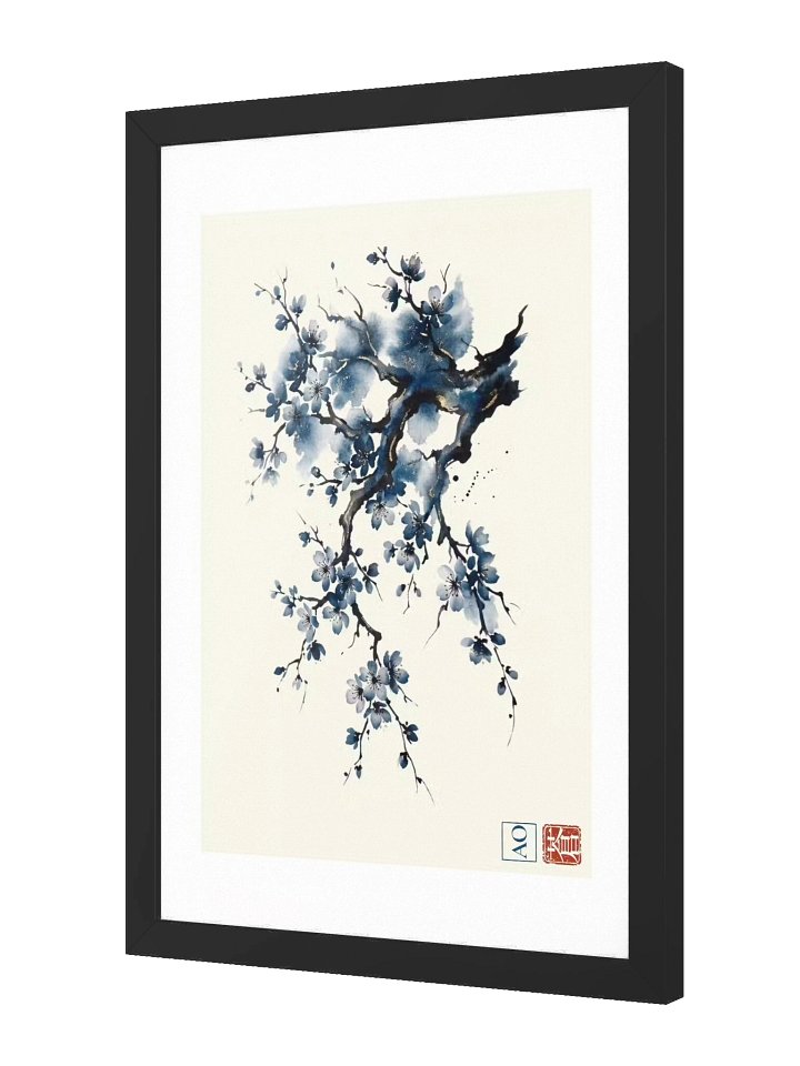 Japanese Ink Art Print | Indigo Sakura No.05 | Framed Wall Art - AO Japan Blue product image (2)